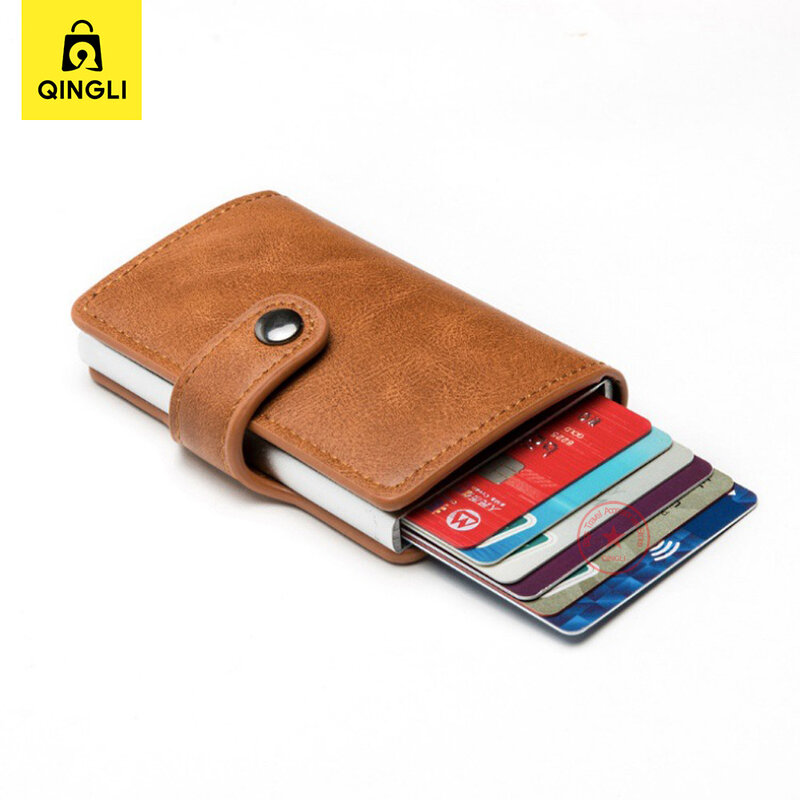 Pop-up Antitheft RFID Card Holder Aluminum Alloy Business Card Case Men Hasp Folding Leather Credit Card Wallet Women Mini Purse