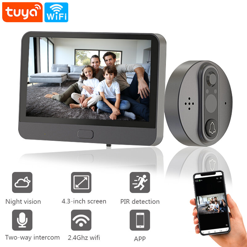 Mirilla con cámara de vídeo WiFi para puerta, visor con Monitor LCD, visión nocturna, Control por aplicación Tuya para seguridad del hogar y apartamento