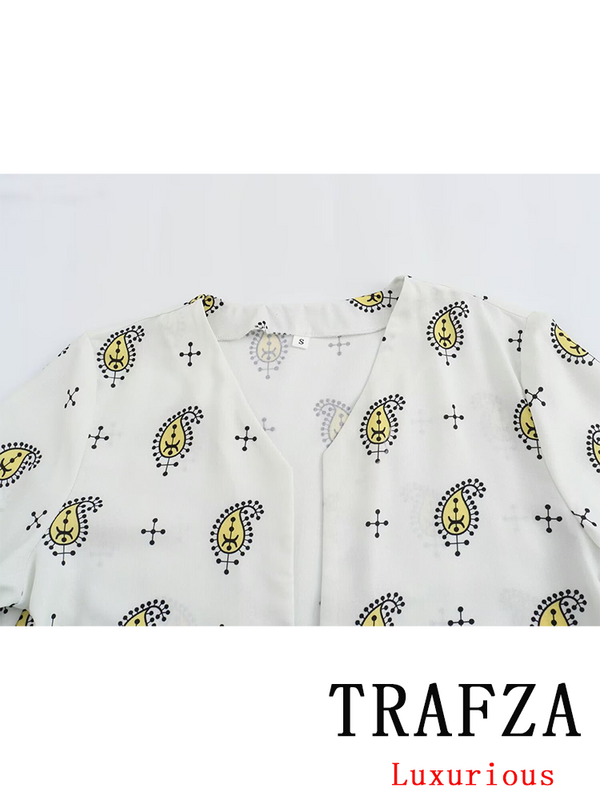 Женский костюм с цветочным принтом TRAFZA, винтажная Повседневная рубашка с V-образным вырезом и расклешенными рукавами, свободные длинные брюки, модные летние комплекты 2024