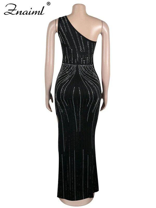 Znaiml luksusowe suknie wieczorowe dla kobiet jedno ramię bez rękawów Rhinestone wysoki rozcięcie nieregularne czarne Vestidos urodziny