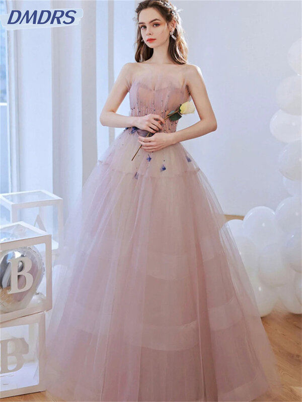 Elegante Strapless A-Line Prom Dress, graciosos vestidos de tule, charmosos vestidos sem mangas até o chão, 2024