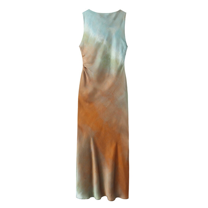 Taop & Za-vestido elegante con estampado tie-dye para mujer, vestido informal con diseño de hendidura, textura de satén de seda, nuevo estilo de verano, 2024, 3031/200