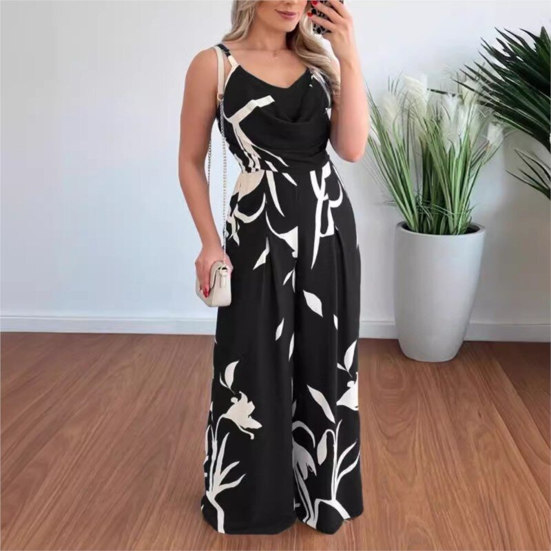 Summer Sexy Spaghetti Strap Women Jumpsuits 2024 Fahsion New Ruched Design High Waist Leg Wide Rompers Office Vacation Jumpsuits