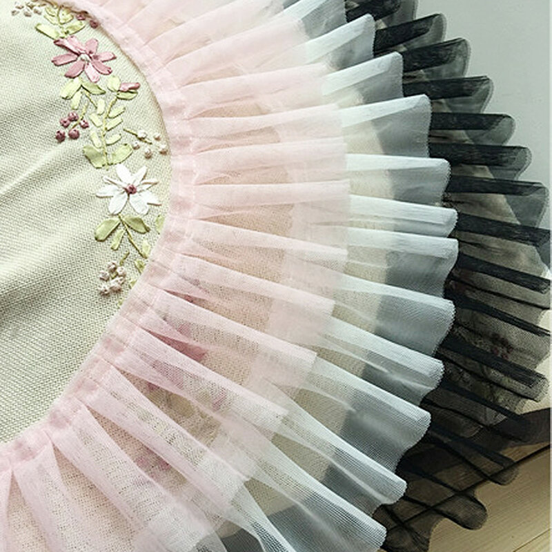 1Yards Pleated Lace Applique Ribbon Clothes Crafts 9cm Pink Black White Lace Fabric Trim Sewing Accessories Wedding Decor QP9