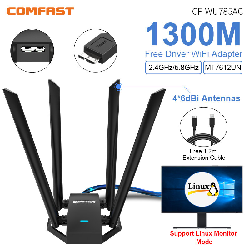 محول واي فاي لاسلكي Comfast ، بطاقة شبكة USB ، مكاسب عالية ، 4 * 6dbi هوائي ، سطح المكتب لينكس ، 1300Mbps ، 2.4G و 5GHz