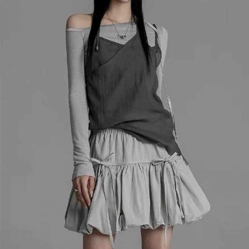 Mini jupes plissées à lacets coréens pour femmes, robe courte en nylon, volants monochromes, nœud papillon, streetwear, jupes A-Line pour femmes, été, 2024