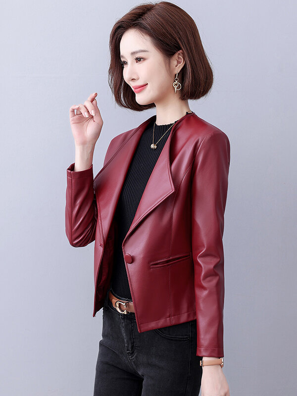 新しい 女性 シングルボタン レザージャケット 春 秋 ファッション 深いVネック 長袖 スリムブレザー スプリットレザー ショートジャケット