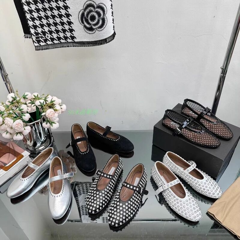 European and American Diamond Studded Mesh Hollow Outs Mary Jane Rivet Buckle Strap Round Head Ballet Flat Women's Single Shoes