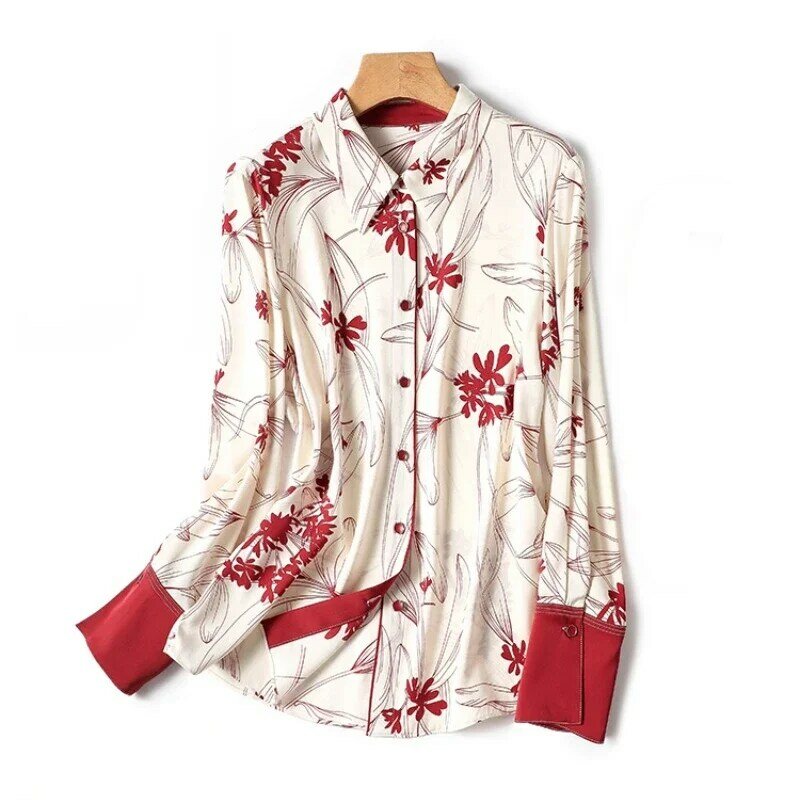 Рубашка Женская атласная с длинным рукавом, свободная блузка с цветочным принтом в винтажном стиле, модная одежда, весна-лето