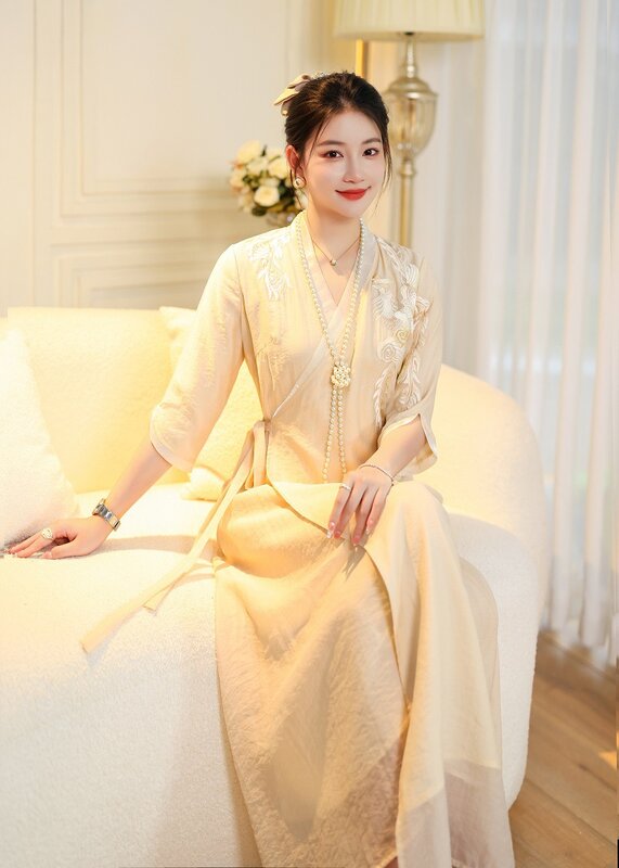 High-end Spring Summer Women Dress Retro Elegant Embroidery Phoenix Half Sleeve A-line Lady Party Hanfu Cotton Dress S-XXXL