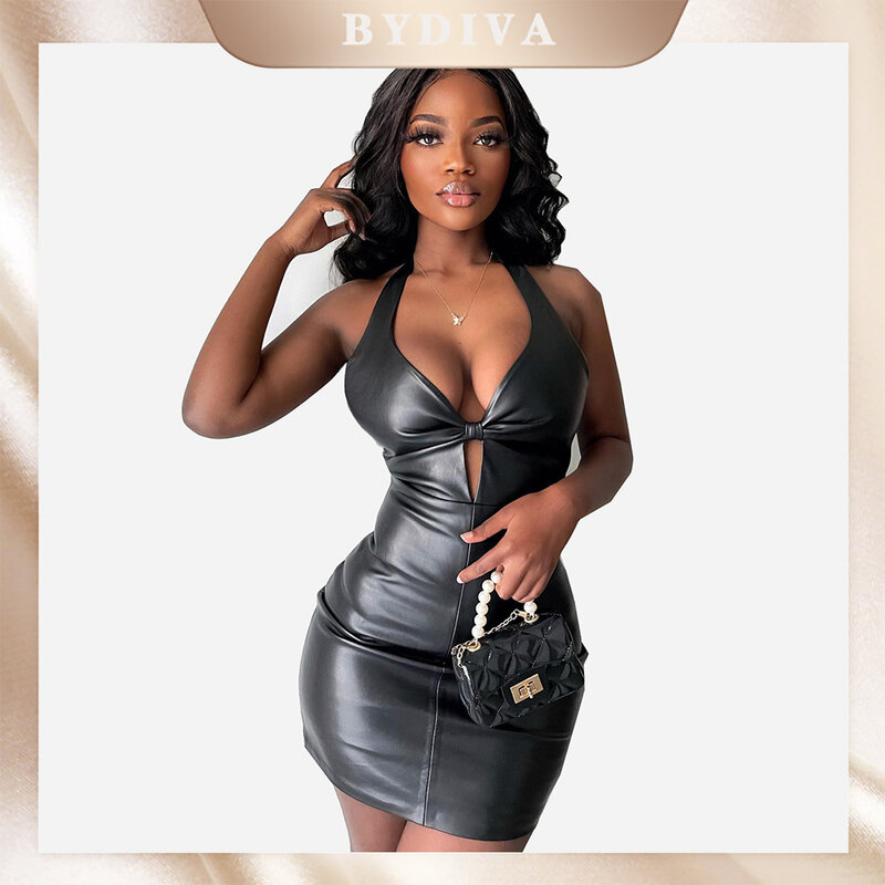 Fashion Leather Sexy Women's Dress Elegant Bodycon Cut-Out Dresses for Women 2022 Summer Backless Skinny Corset Robe Femme