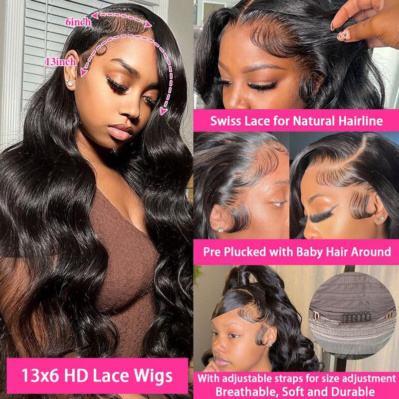 Body Wave Lace Frontal Wig para mulheres negras, cabelo humano, pré arrancado com cabelo de bebê, Glueless, HD, 13x6