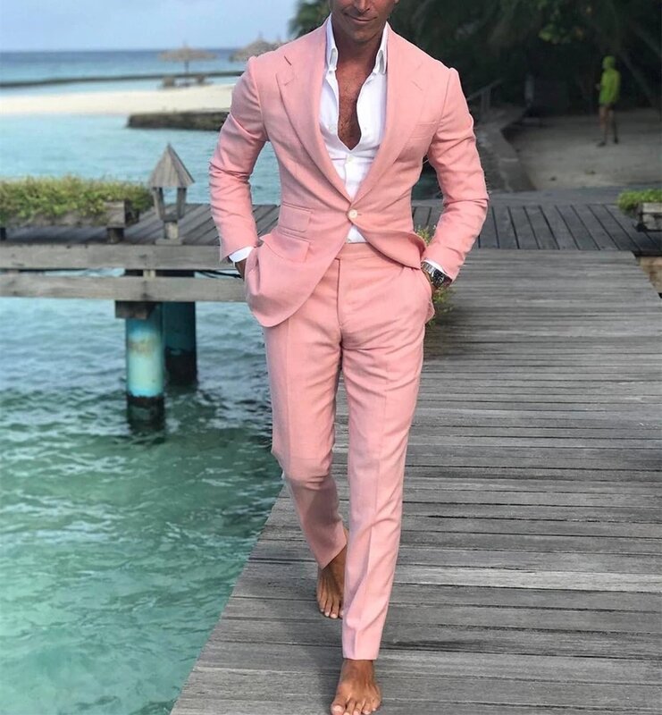 Letnie garnitury męskie plażowe różowe garnitury dla piłka ślubna Slim Fit pana młodego najlepsi mężczyźni męski garnitur 2 sztuki
