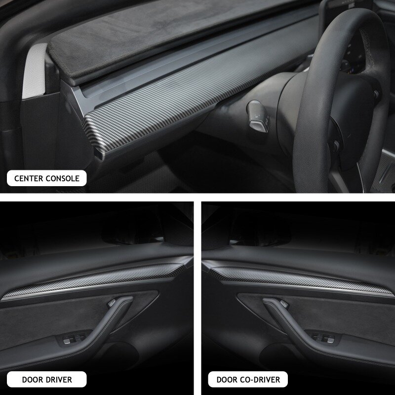 Striscia di rivestimento del cruscotto per Tesla Model 3 Y Center Console Panel Sticker Cover in fibra di carbonio ABS Modely accessori per auto 2017-2023