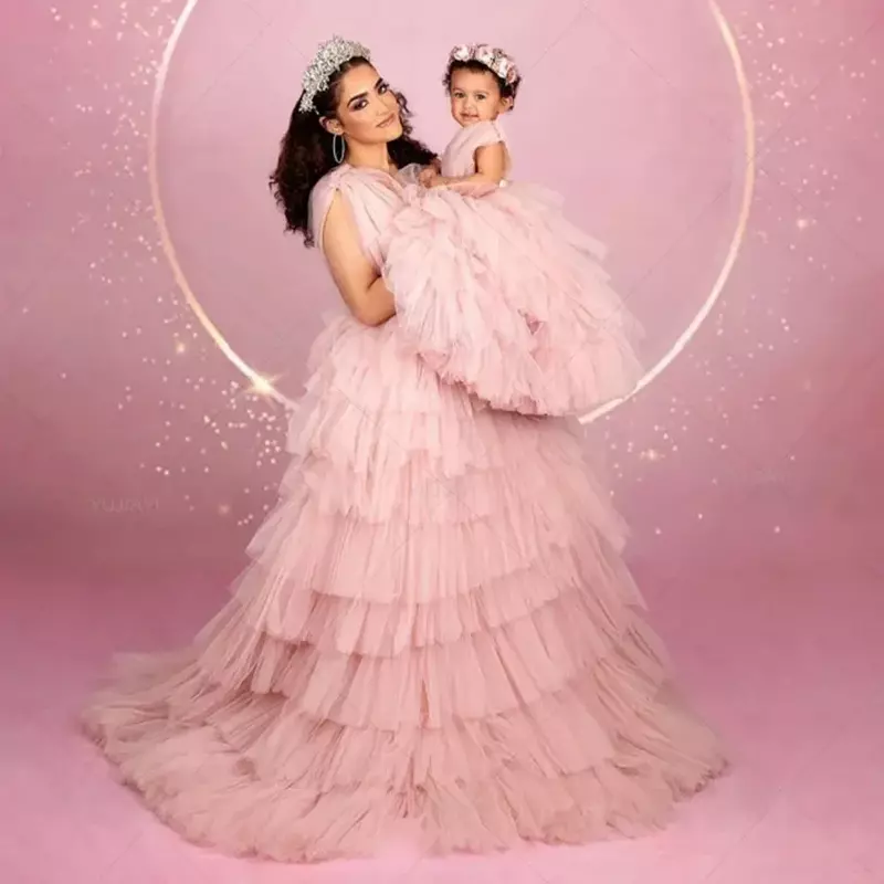 Dress panjang ibu dan Me, gaun pesta ulang tahun buatan khusus ibu dan anak cewek, gaun kain Tule Lembut Pink perona pipi