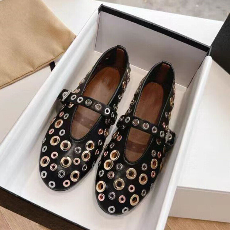 Women's Summer New Fashion Rivet Hollow Mary Jane Flat Sole Single Shoes Round Toe Comfortable Large Ballet Women's Shoes