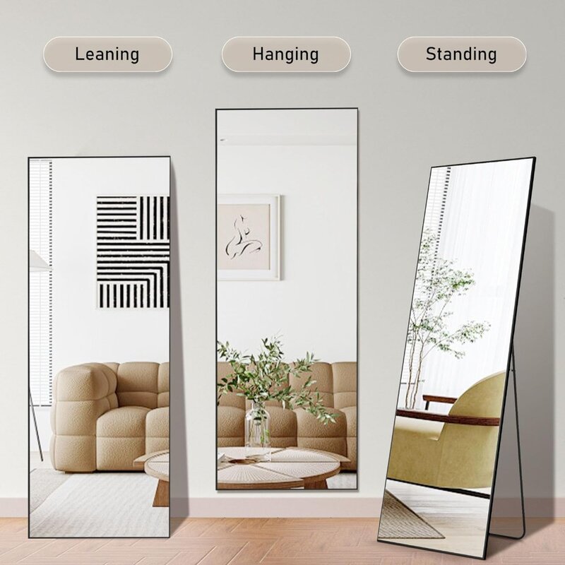 Cermin panjang penuh 64 inci x 21 inci dengan dudukan, dinding gantung atau dimiringkan, bingkai aluminium tipis ruang tamu berdiri, HITAM