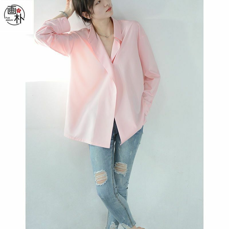 Женская рубашка на пуговицах, СВОБОДНЫЙ Модный Топ розового цвета с длинным рукавом, в минималистичном стиле, весна 2024
