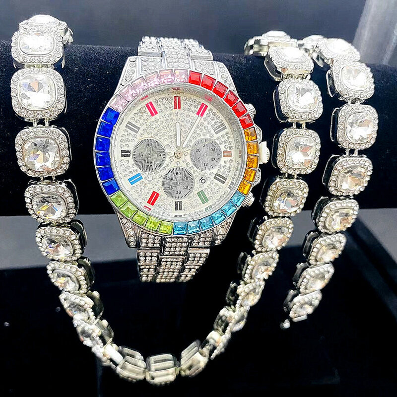 3PCS Iced Out นาฬิกา + สร้อยข้อมือ + สร้อยคอสำหรับผู้ชายผู้หญิงคู่สีทองนาฬิกา Cubana Chain Bling เครื่องประดับชุดนาฬิกาผู้ชาย