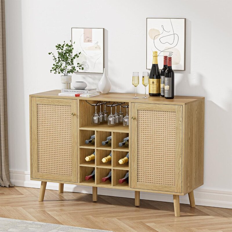 Rattan Wine Bar Cabinet with 2 Door, Farmhouse Liquor Cabinet with Wine Rack and Glass Holder, Rustic Oak Sideboard Buffet