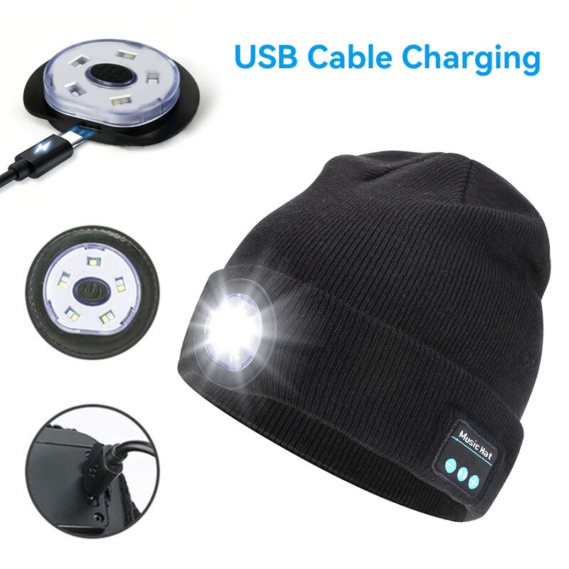 Unisex หมวก Beanie กับ USB แบบชาร์จไฟได้ LED ไฟหน้าหมวกถัก Night Light Beanie หมวกไฟฉายหมวก