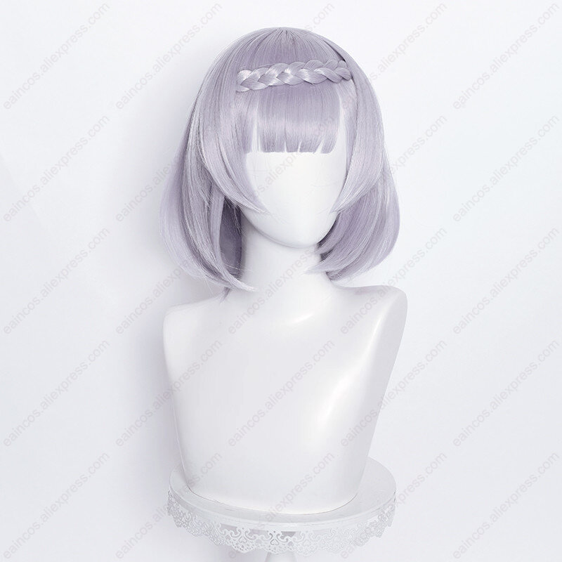 Noelle wig Cosplay 35cm, wig kepang perak ungu panjang tahan panas rambut sintetis wig Halloween