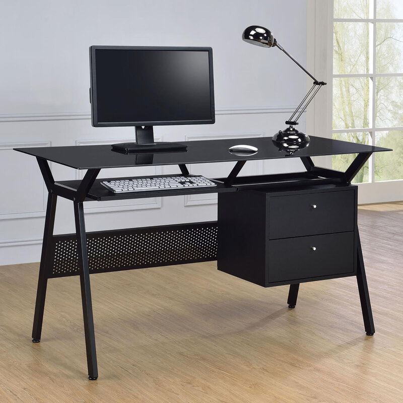 Escritorio negro moderno para ordenador con 2 cajones, perfecto para la organización y almacenamiento de la oficina en casa