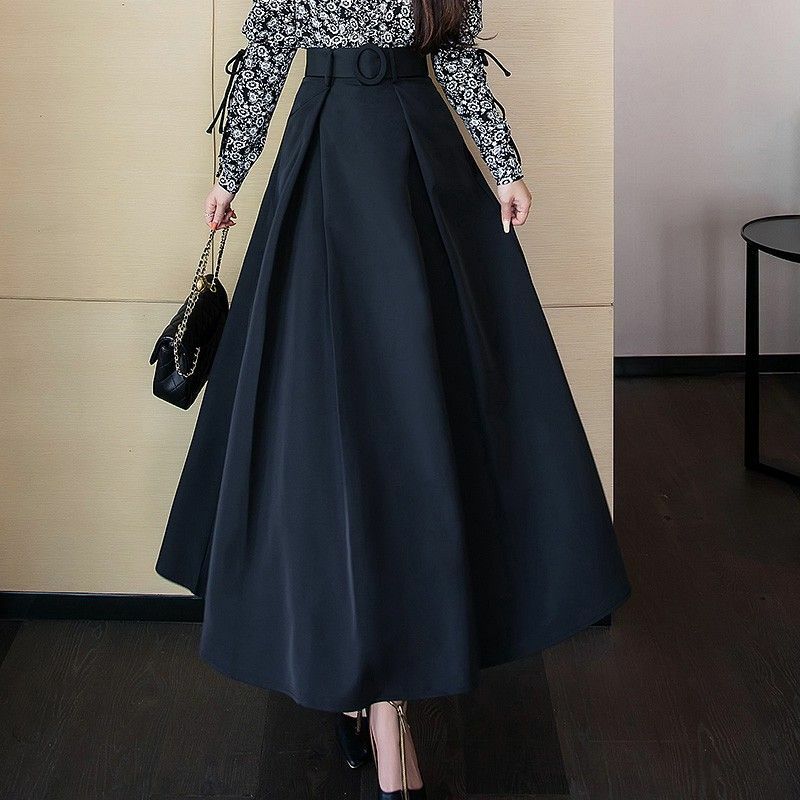 Jupe élastique taille haute pour femme, jupe longue d'été, robe de bureau noire, jupe plissée tout assortie pour femme, nouvelle ligne A, Q583