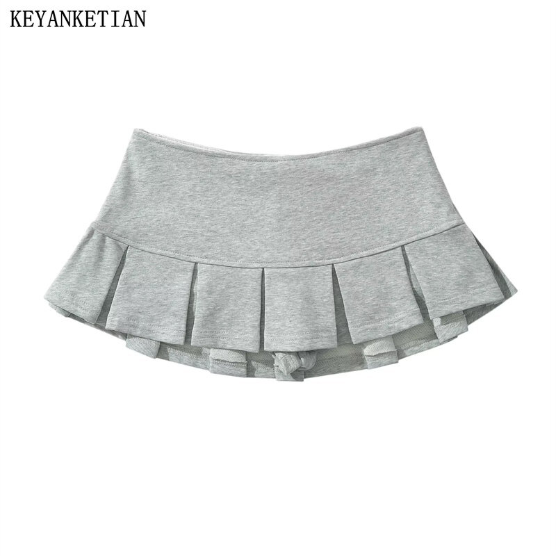 Keyanketian neue Damen Frottee niedrige Taille y2k Minirock breite Falte Dekoration hellgrau Volant eine Linie Skort heiß süß