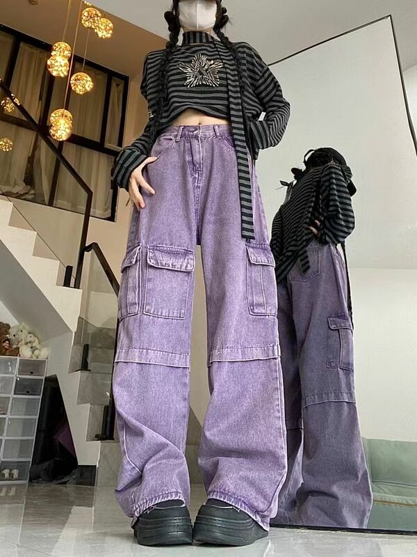 Salopette en jean taille haute pour femme avec plusieurs poches, salopette droite polyvalente, violet, style hongkongais, rétro, automne