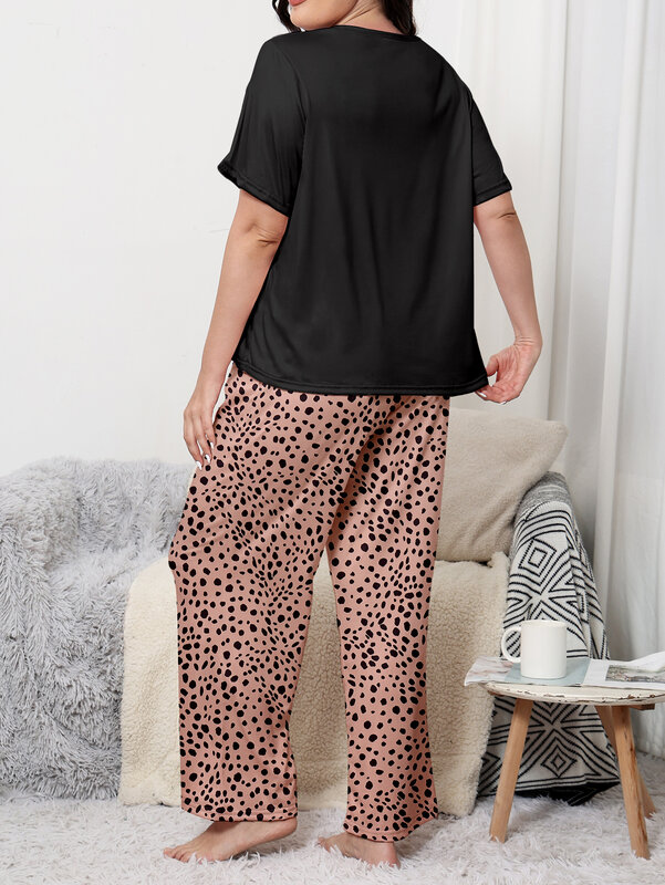 Home clothing large size pajama set plus size short sleeved long pants set can be worn with milk silk material