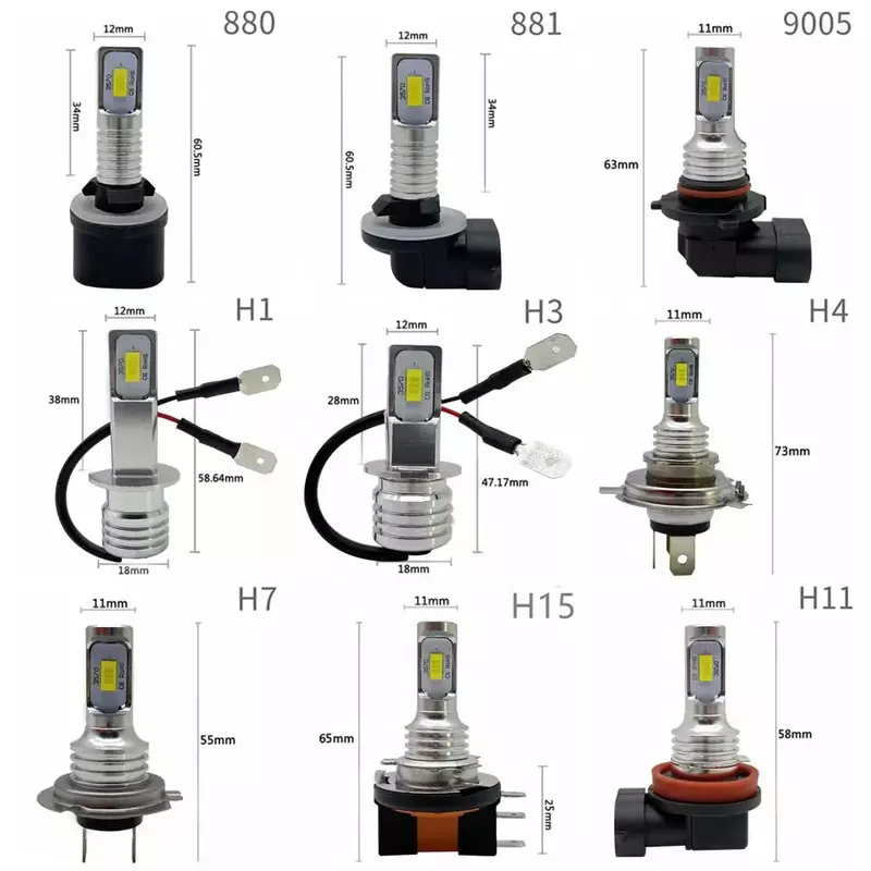 LED 자동차 헤드라이트 881 9005 9006, 하이 빔 안개등, 아이스 블루 3000K, PSX24W, H1, H3, H4, H6, H7, H11 전구, 4 가지 색상 찾기, 2 개