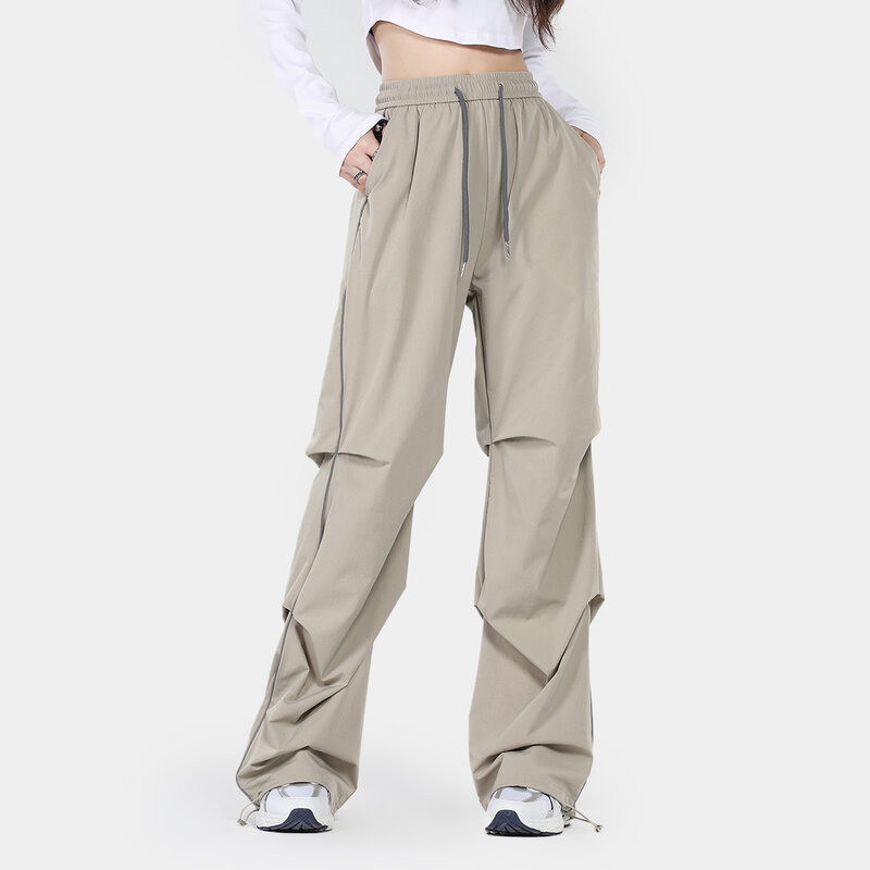 Pantalones deportivos informales para mujer, Pantalón liso a prueba de viento, cintura media, plisado, holgado, con cinturón, 2023