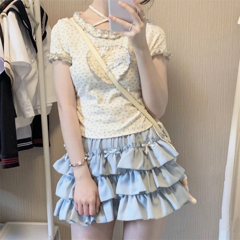 Deeptown Kawaii Lolita Ruffle Women Skirt Cutecore Sweet Japanese Style Mini Skirts Layered Bow Patchwork Pleated Short Skirt