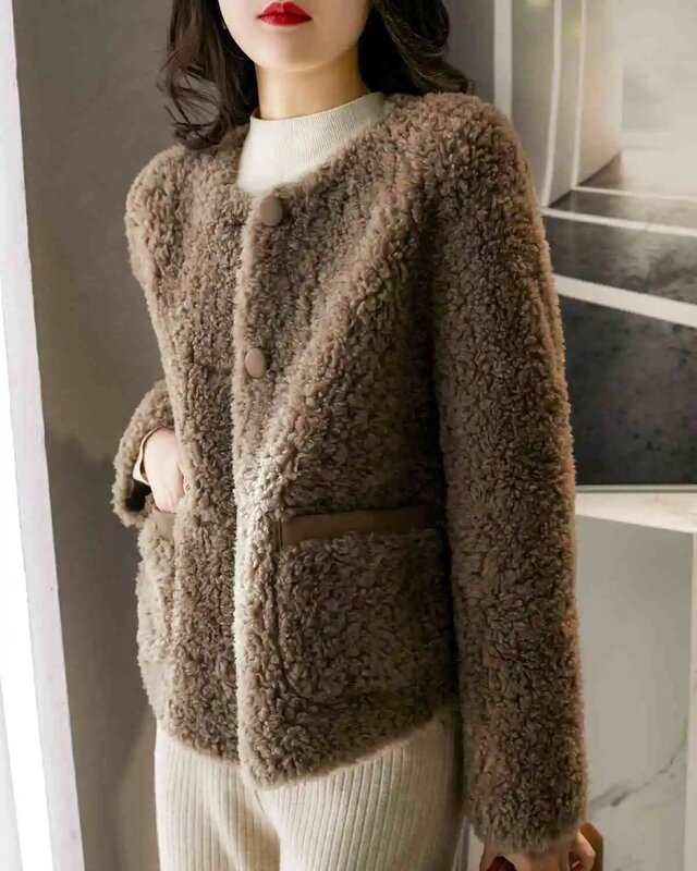 Jaket wol domba hangat wanita, pakaian luar, jaket pendek bulu domba terintegrasi musim gugur dan dingin