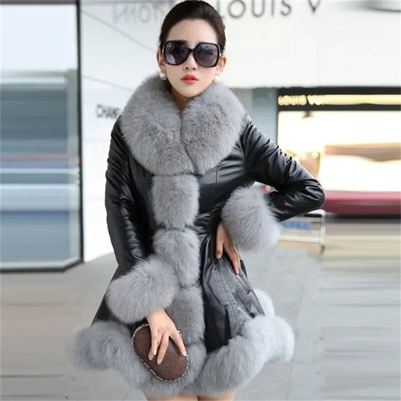 Tamanho 6xl roupas femininas outono inverno imitação de pele de raposa gola de pele grande grosso quente feminino jaqueta de couro fino casaco de pele
