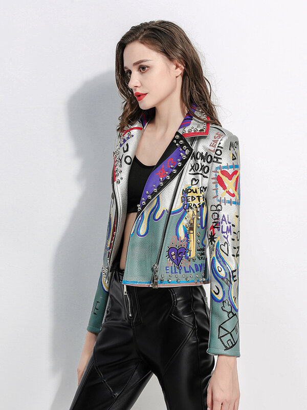 Leather Coat Women's Short Fashionable High-End Slim-Fit Colorful Geometric Pattern Printing Trendy Design Suit Collar Pu Jacket