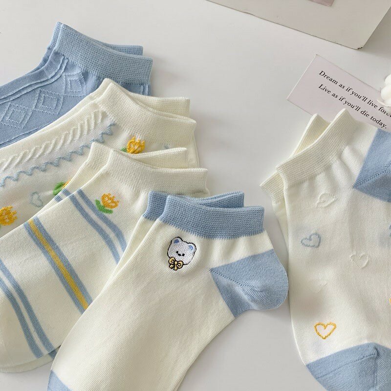 Urso azul bordado listra impressa meias de algodão para mulheres, moda simples, meias respiráveis no-show, B118