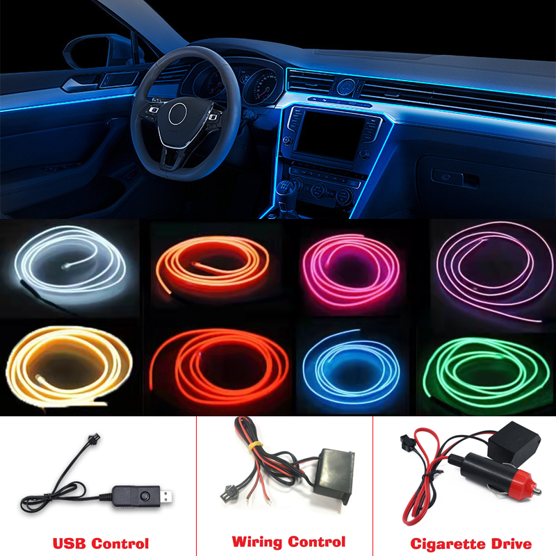 Lampu LED Interior mobil, 1M/2M/3M/5M dekorasi Strip Garland kawat tali tabung fleksibel lampu Neon USB cerutu Drive