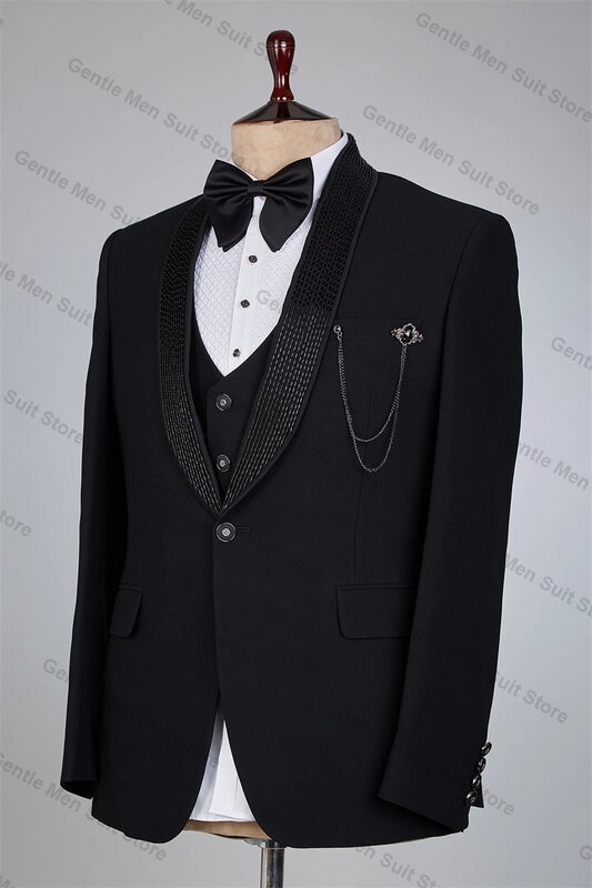 ชุดสูทสูทสำหรับผู้ชายประดับคริสตัลสีดำเสื้อสูท + เสื้อกั๊ก + กางเกงชุดทักซิโด้สำหรับงานพรอมเจ้าบ่าวชุดแต่งงานแบบสั่งตัด