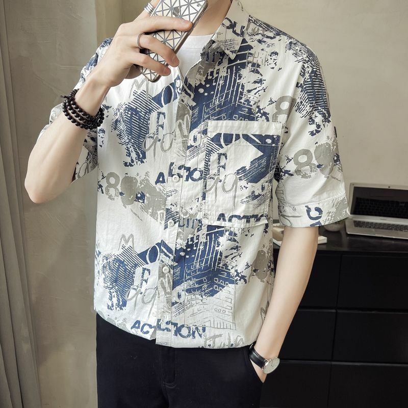 Chemise à manches courtes pour hommes, style coréen, chemise décontractée, manches cinq quarts, beau revers, haut imprimé à la mode, été