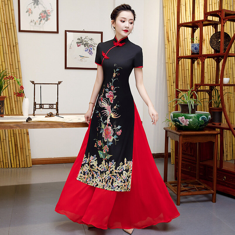Robe Qipao noire Aodai pour femmes, de haute qualité, 5XL, 4XL, Qipao traditionnelle chinoise, imprimée à fleurs, Cheongsam, nouveauté, robe de soirée formelle chinoise