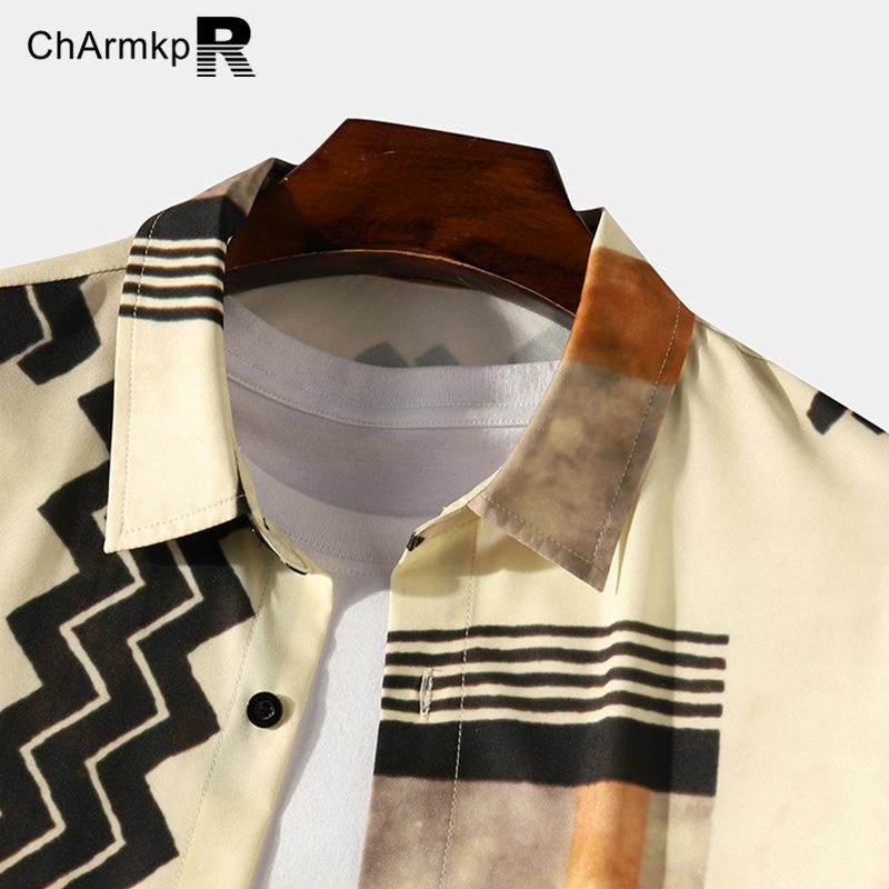 Charmkpr-camisa de manga comprida masculina, roupa casual com bloco de cor geométrica, lapela, streetwear, primavera e verão 2021