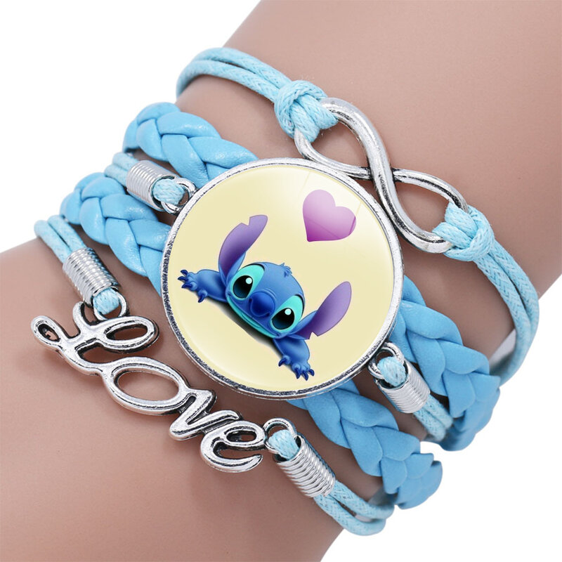 Disney Stitch Cartoon Leather Bracelet Blue Classic Braided Rope Chain Handmade Bracelets for Kids Jewelry Adjustable Bracelet