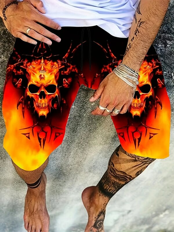 Celana pendek olahraga 3D dicetak dengan motif tengkorak, pakaian trendi mode jalanan celana pendek liburan kasual pria musim panas