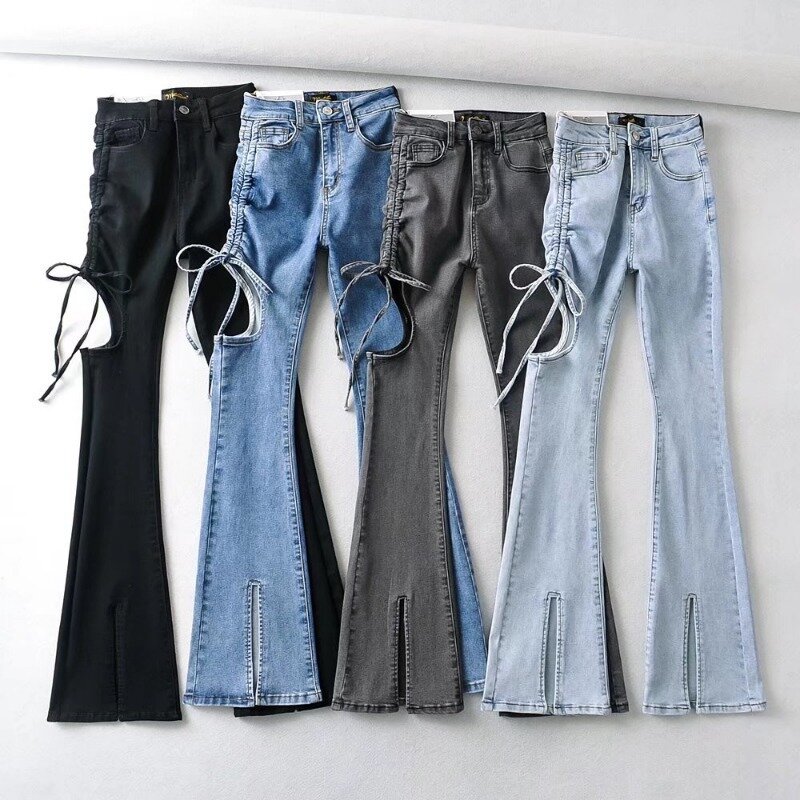 C5523 Jeans Wanita Baru Celana Denim Kasual Lurus Desain Renda Berongga Pinggang Tinggi