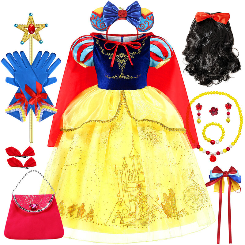 Платье принцессы для косплея для девочек, Детский костюм Белоснежки с накидкой для карнавала, Хэллоуина, детской одежды на день рождения, Роскошные платья