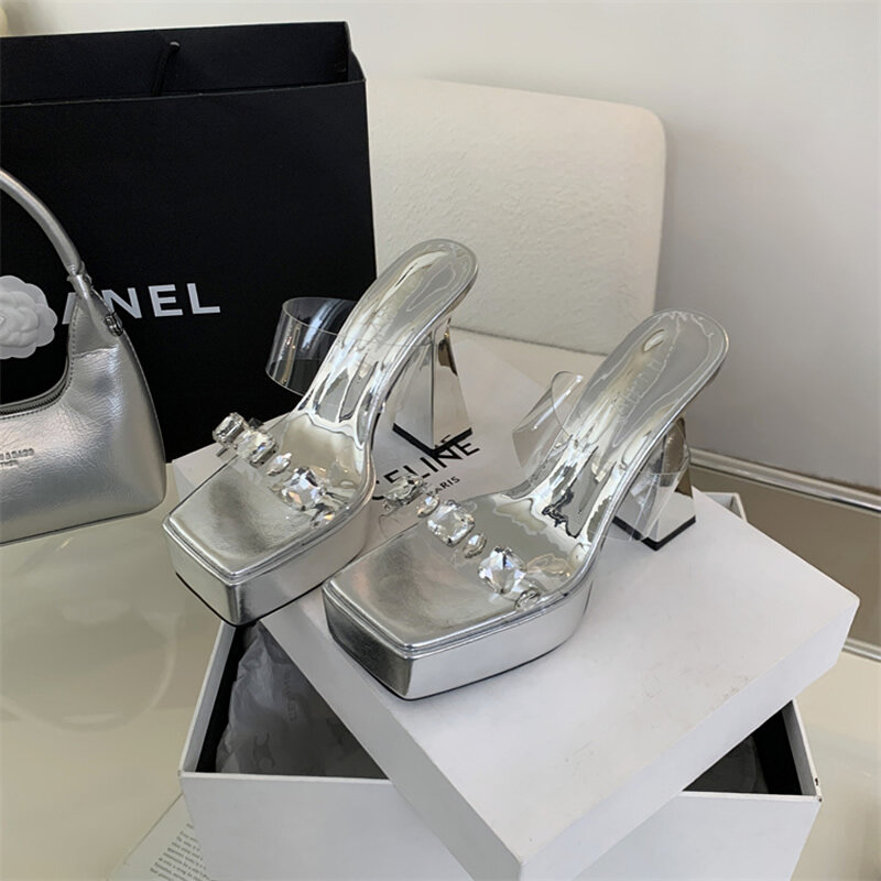 Zapatillas transparentes De PVC con punta abierta para Mujer, zapatos De tacón alto grueso De cristal, a la moda, para verano