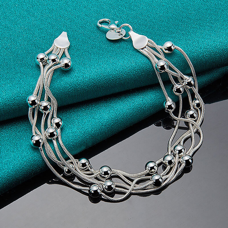 Blueench 925 prata esterlina cadeia múltipla com contas de bola pulseira para as mulheres da moda jóias personalidade