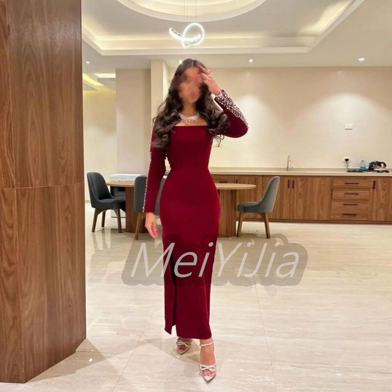 Meiyijia abendkleid saudi krepp lange ärmel elegante meerjungfrau plissiert arabien sexy abend geburtstag club outfits sommer 2024